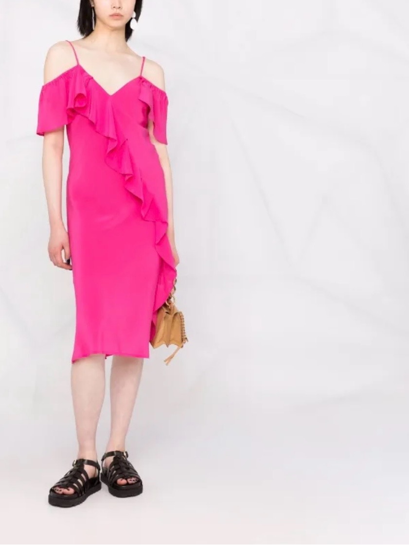 Silk Cold-Shoulder Ruffle Midi Dress In Hot Pink